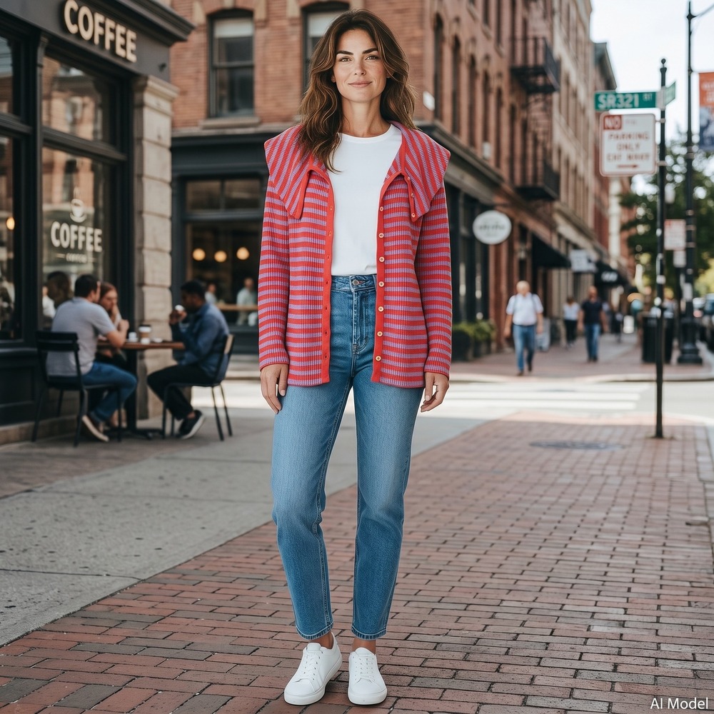 Soft Surroundings Cardigan Women L Red Purple Striped Waffle Knit Sailor Collar